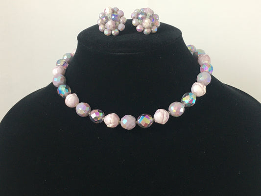 Vintage 16" Purple/Pink Aurora Borealis Crystal and Bead Necklace & Earring Set - Busy Bowerbird