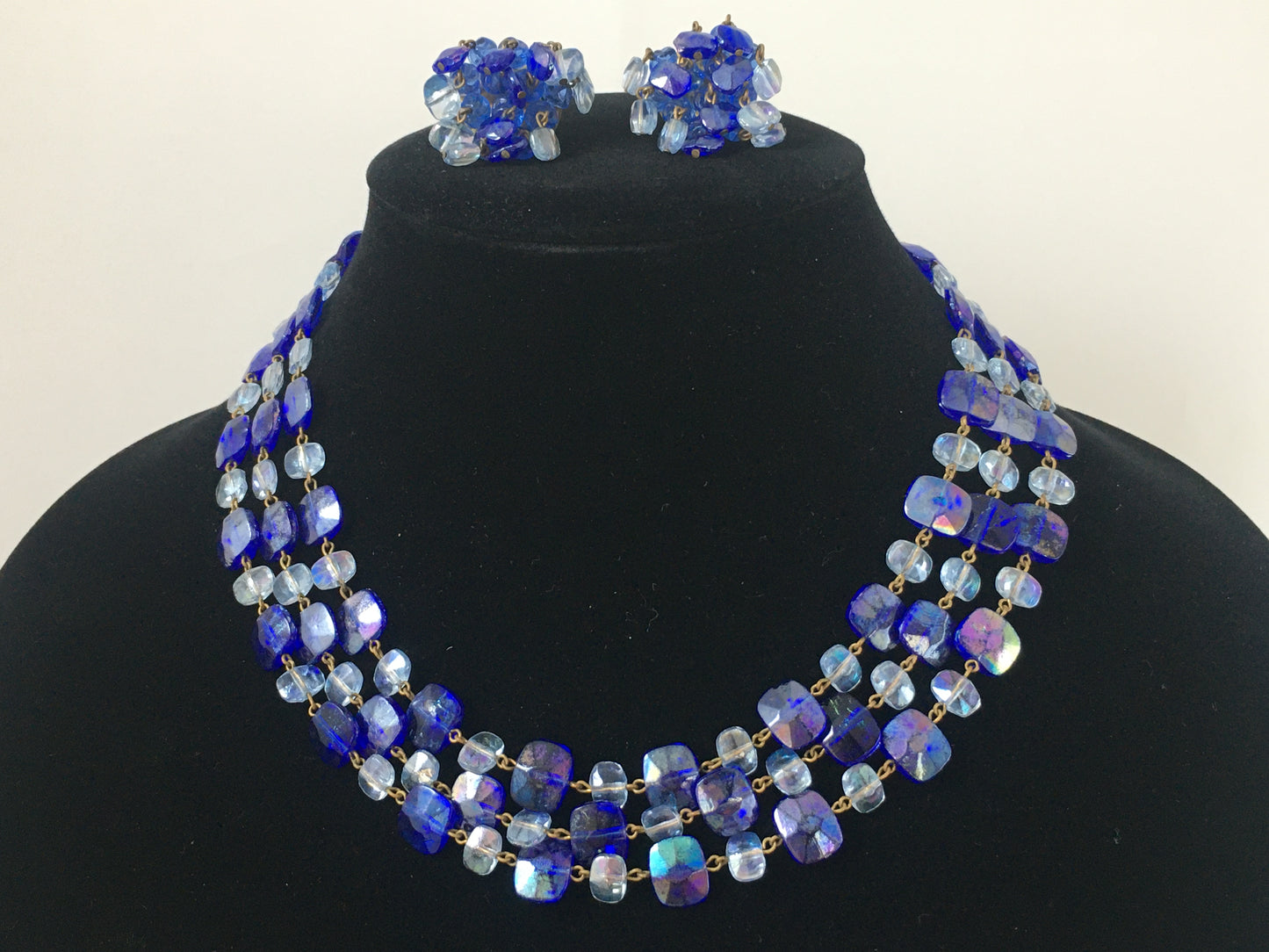 Vintage WEST GERMAN 18" Triple-Strand Blue Faceted Crystal Necklace & Earring Set - Busy Bowerbird