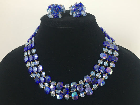 Vintage WEST GERMAN 18" Triple-Strand Blue Faceted Crystal Necklace & Earring Set - Busy Bowerbird
