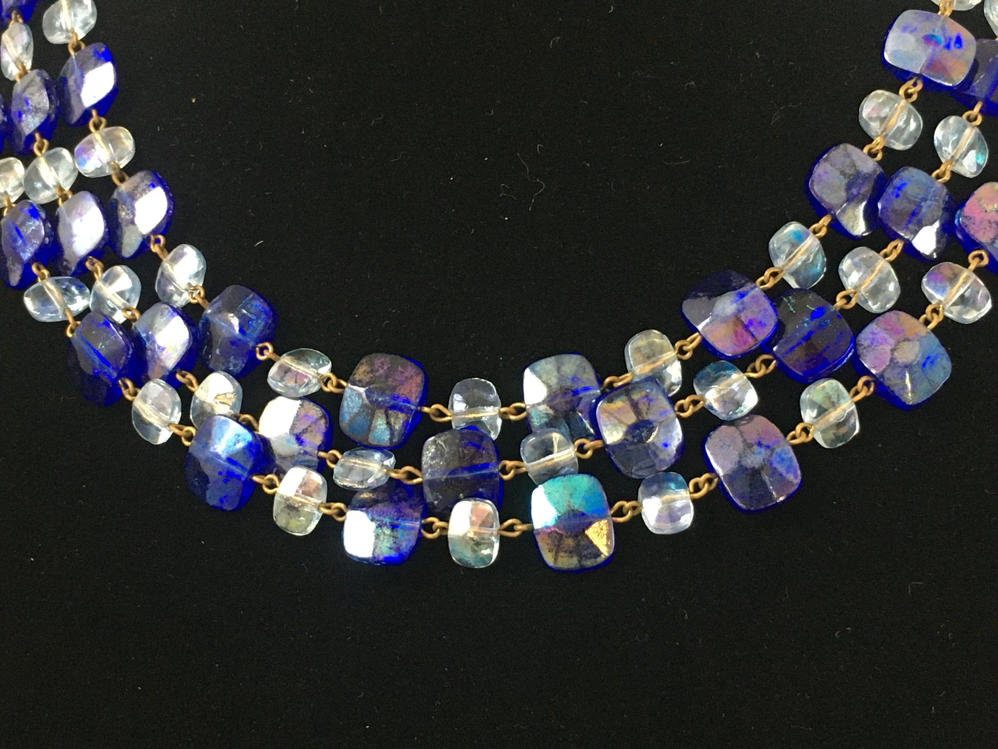 Vintage WEST GERMAN 18" Triple-Strand Blue Faceted Crystal Necklace & Earring Set - Busy Bowerbird