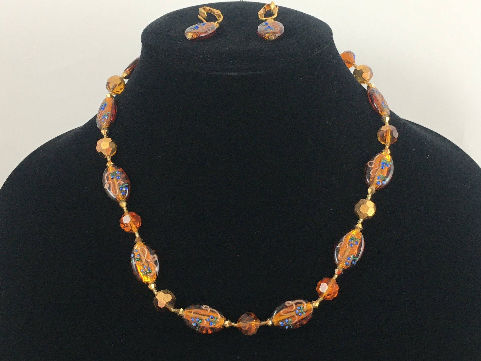 Vintage 21" Art-Glass Bead and Crystal Necklace with Matching Clip Earrings - Busy Bowerbird