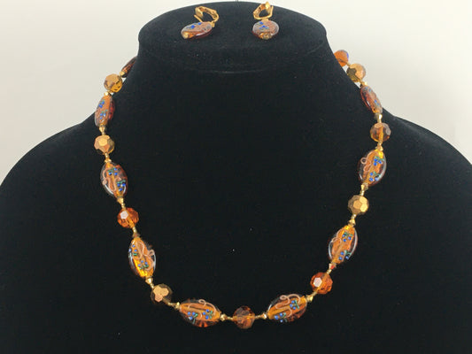 Vintage 21" Art-Glass Bead and Crystal Necklace with Matching Clip Earrings - Busy Bowerbird