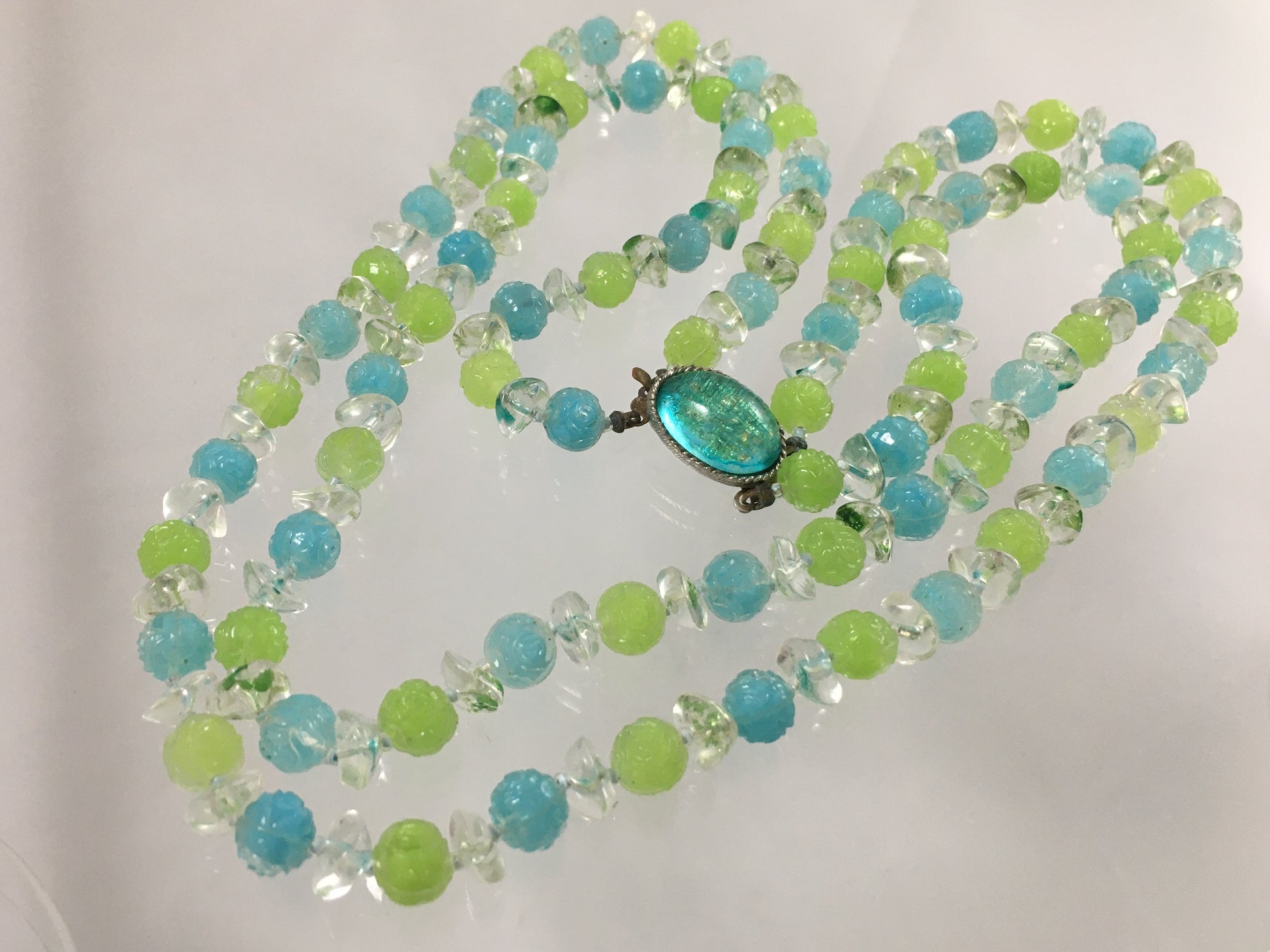 VINTAGE 22" Necklace & Earring Set with Lime & Aquamarine Crystals - Busy Bowerbird