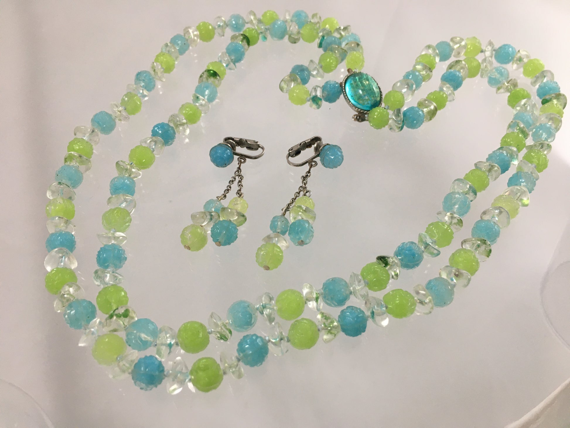 VINTAGE 22" Necklace & Earring Set with Lime & Aquamarine Crystals - Busy Bowerbird