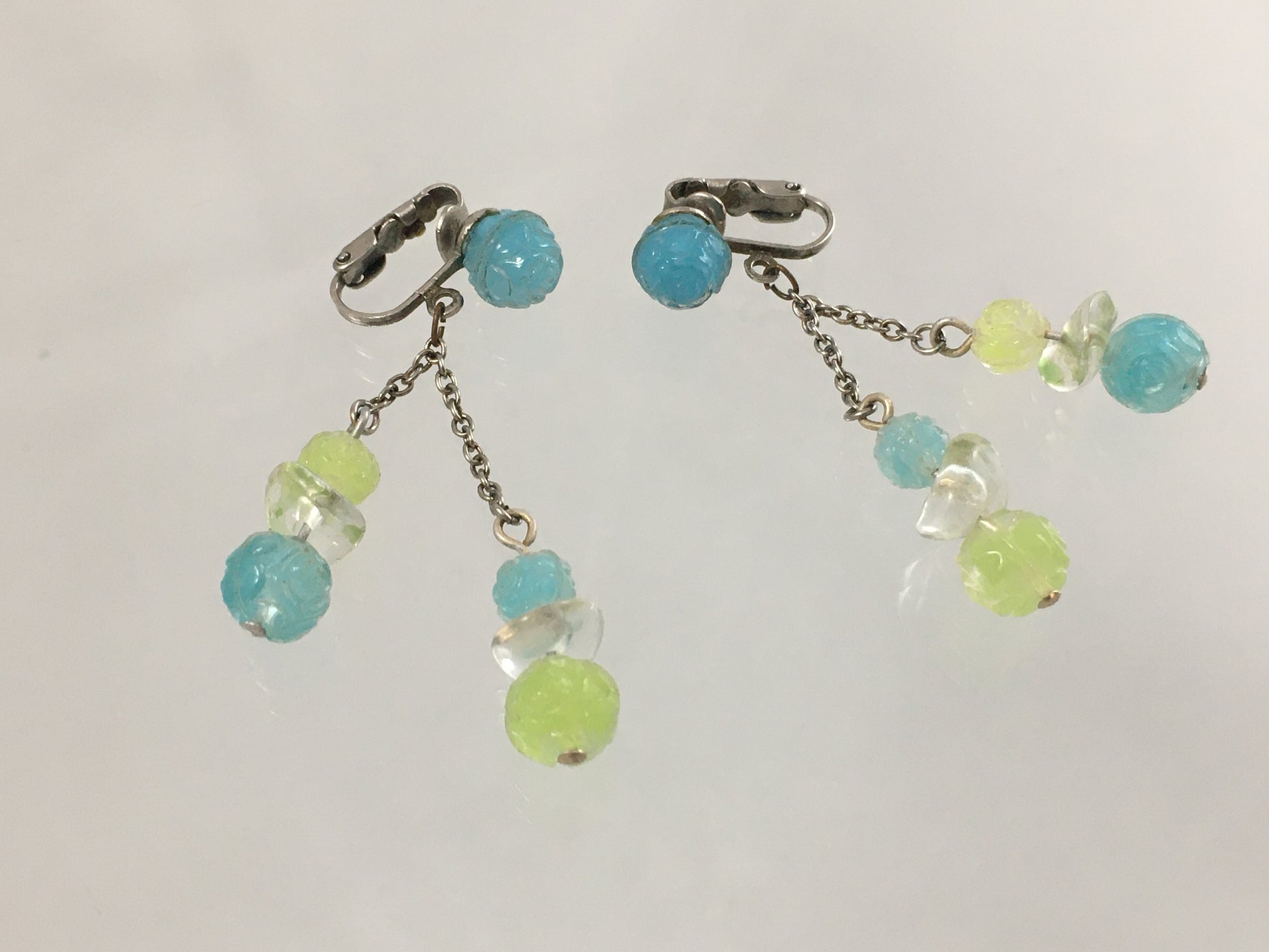 VINTAGE 22" Necklace & Earring Set with Lime & Aquamarine Crystals - Busy Bowerbird