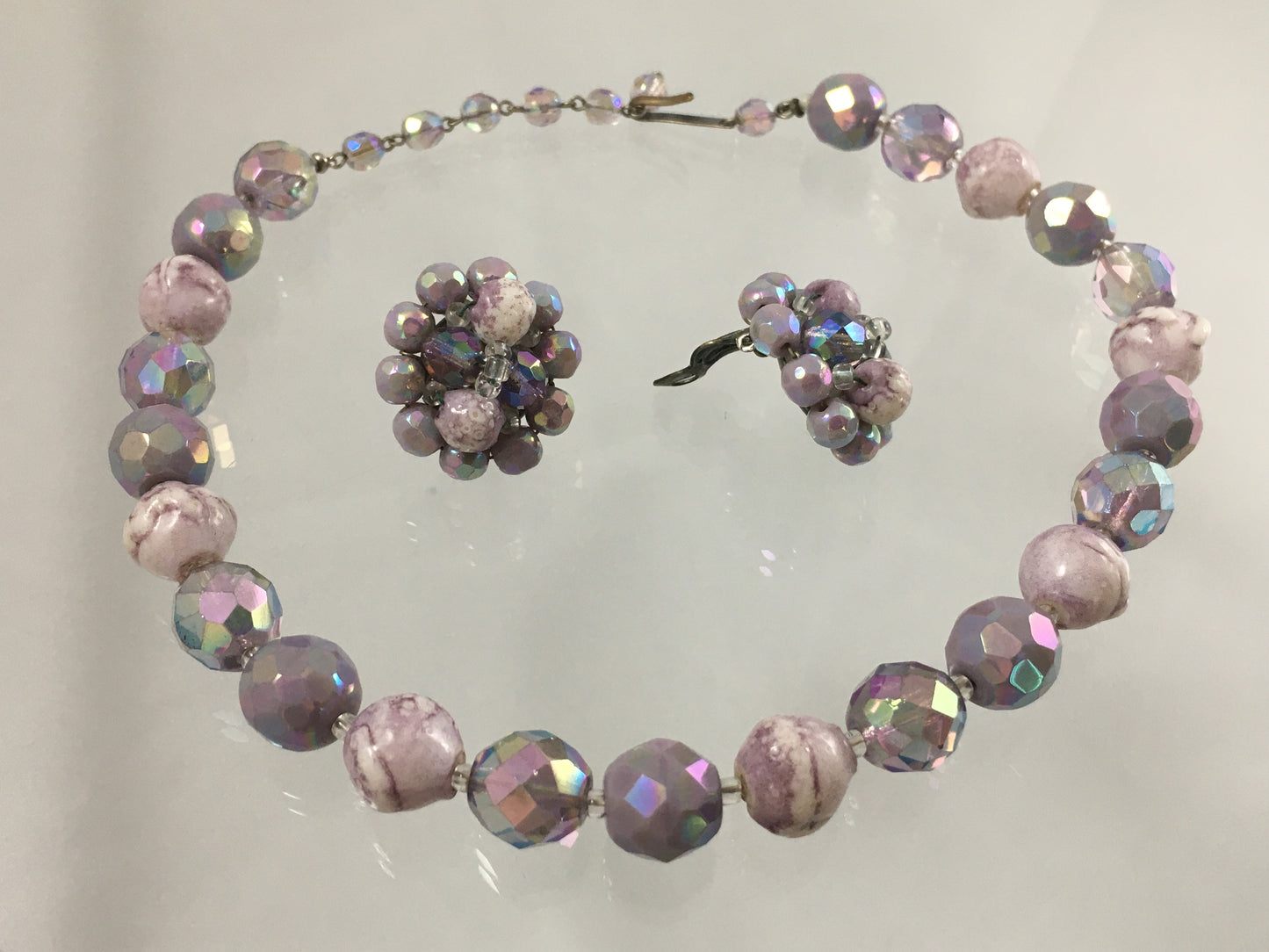 Vintage 16" Purple/Pink Aurora Borealis Crystal and Bead Necklace & Earring Set - Busy Bowerbird