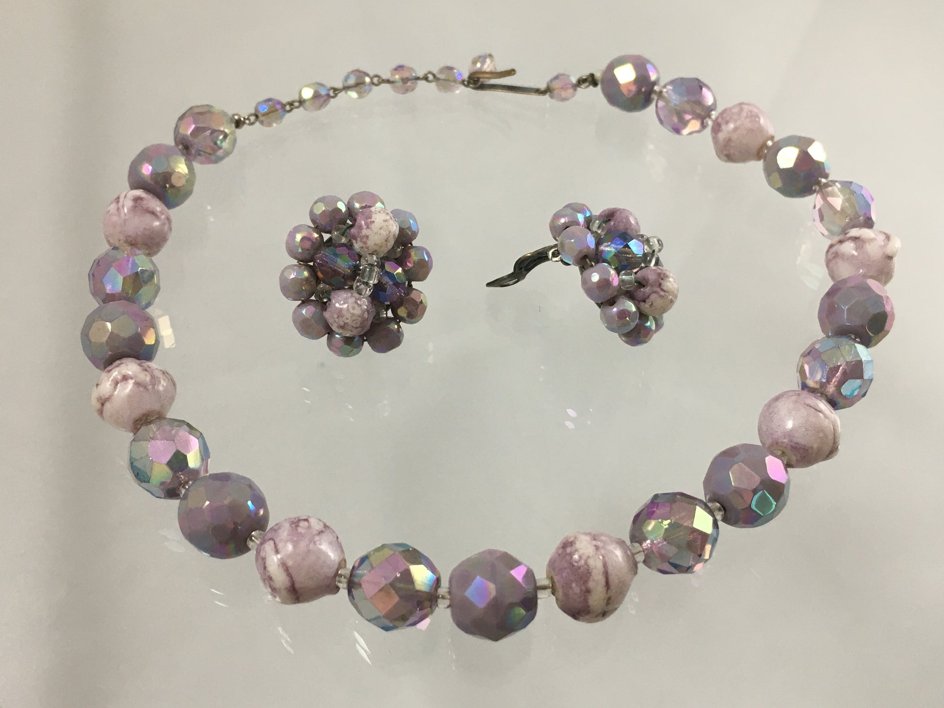 Vintage 16" Purple/Pink Aurora Borealis Crystal and Bead Necklace & Earring Set - Busy Bowerbird