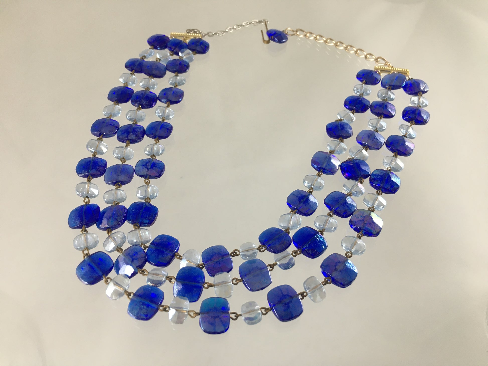 Vintage WEST GERMAN 18" Triple-Strand Blue Faceted Crystal Necklace & Earring Set - Busy Bowerbird