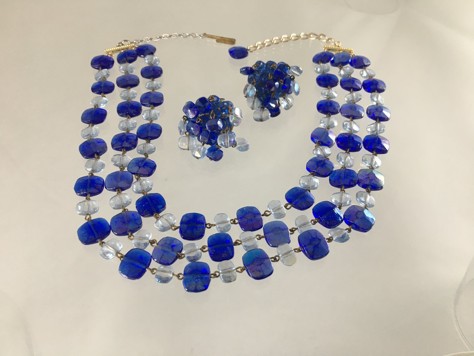 Vintage WEST GERMAN 18" Triple-Strand Blue Faceted Crystal Necklace & Earring Set - Busy Bowerbird