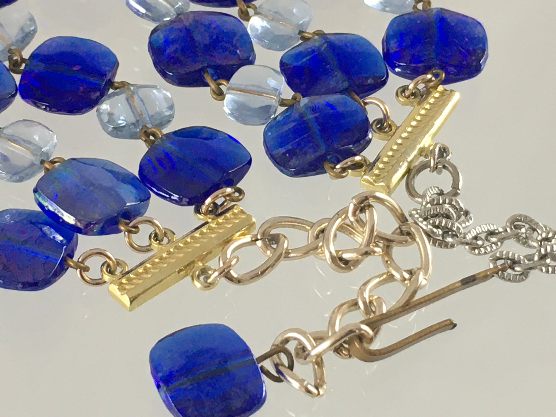 Vintage WEST GERMAN 18" Triple-Strand Blue Faceted Crystal Necklace & Earring Set - Busy Bowerbird