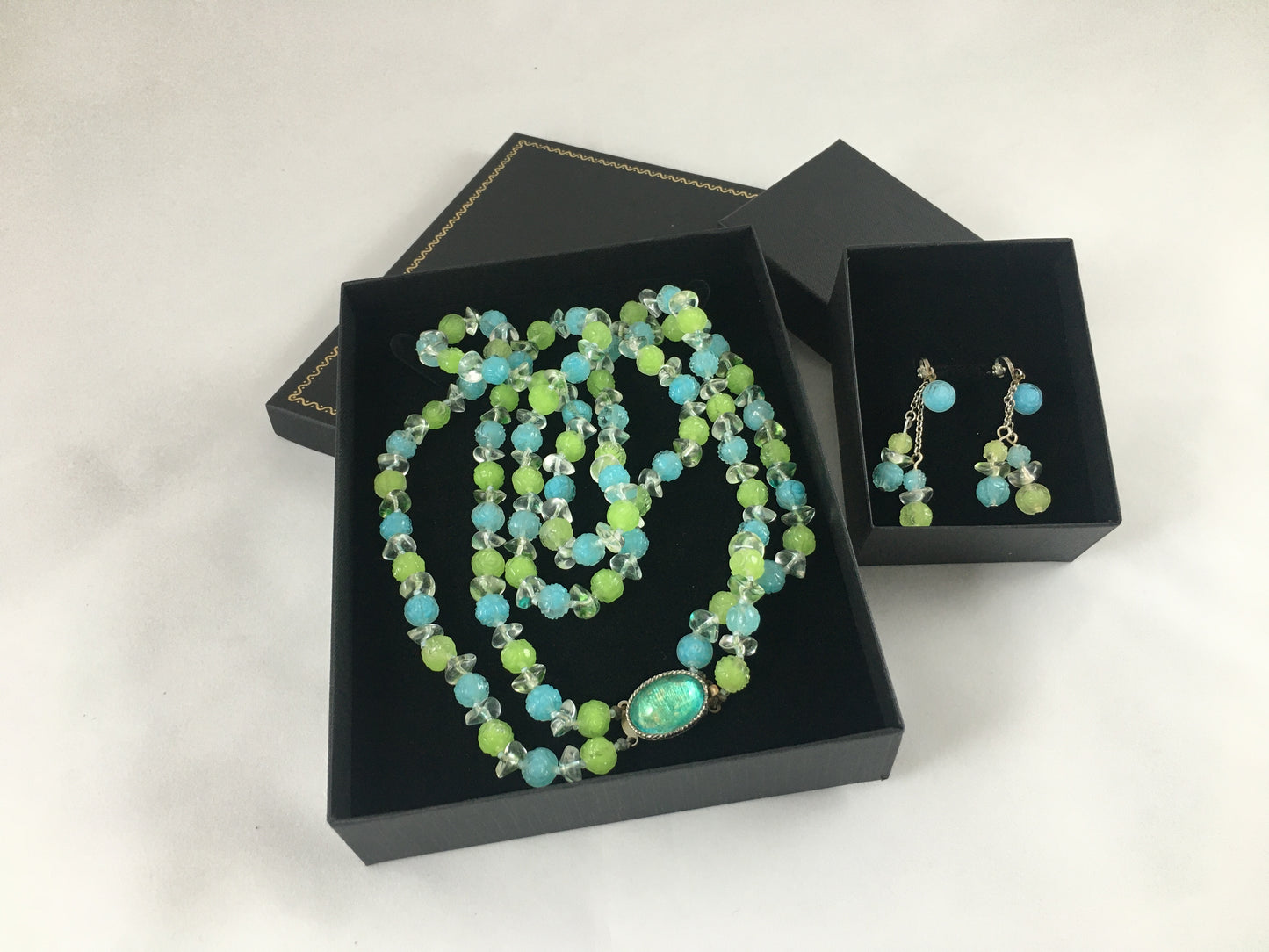 VINTAGE 22" Necklace & Earring Set with Lime & Aquamarine Crystals - Busy Bowerbird