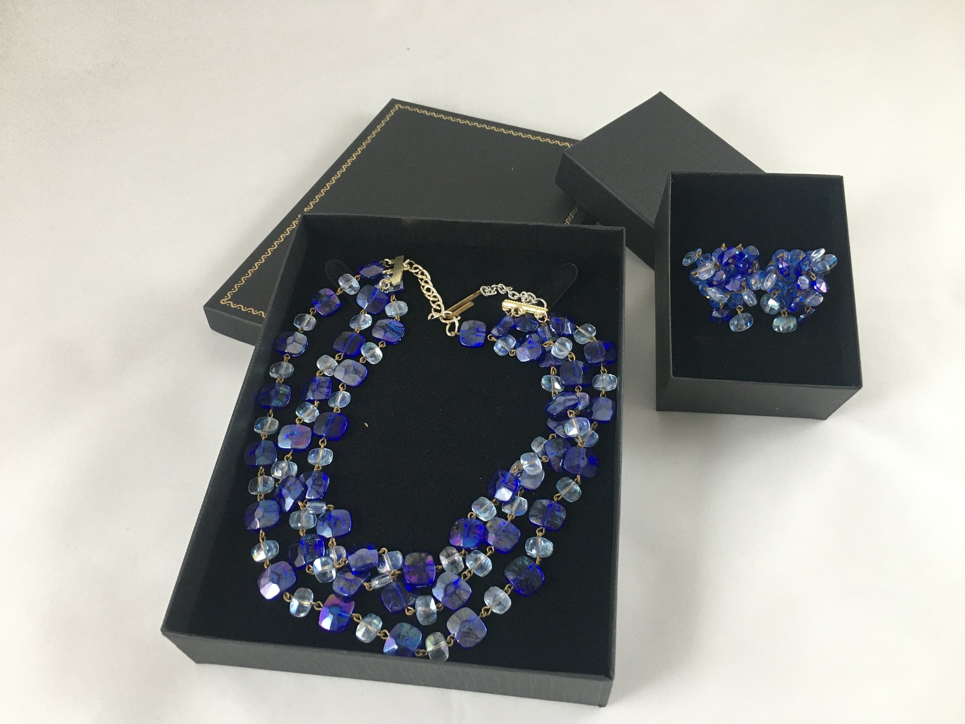 Vintage WEST GERMAN 18" Triple-Strand Blue Faceted Crystal Necklace & Earring Set - Busy Bowerbird