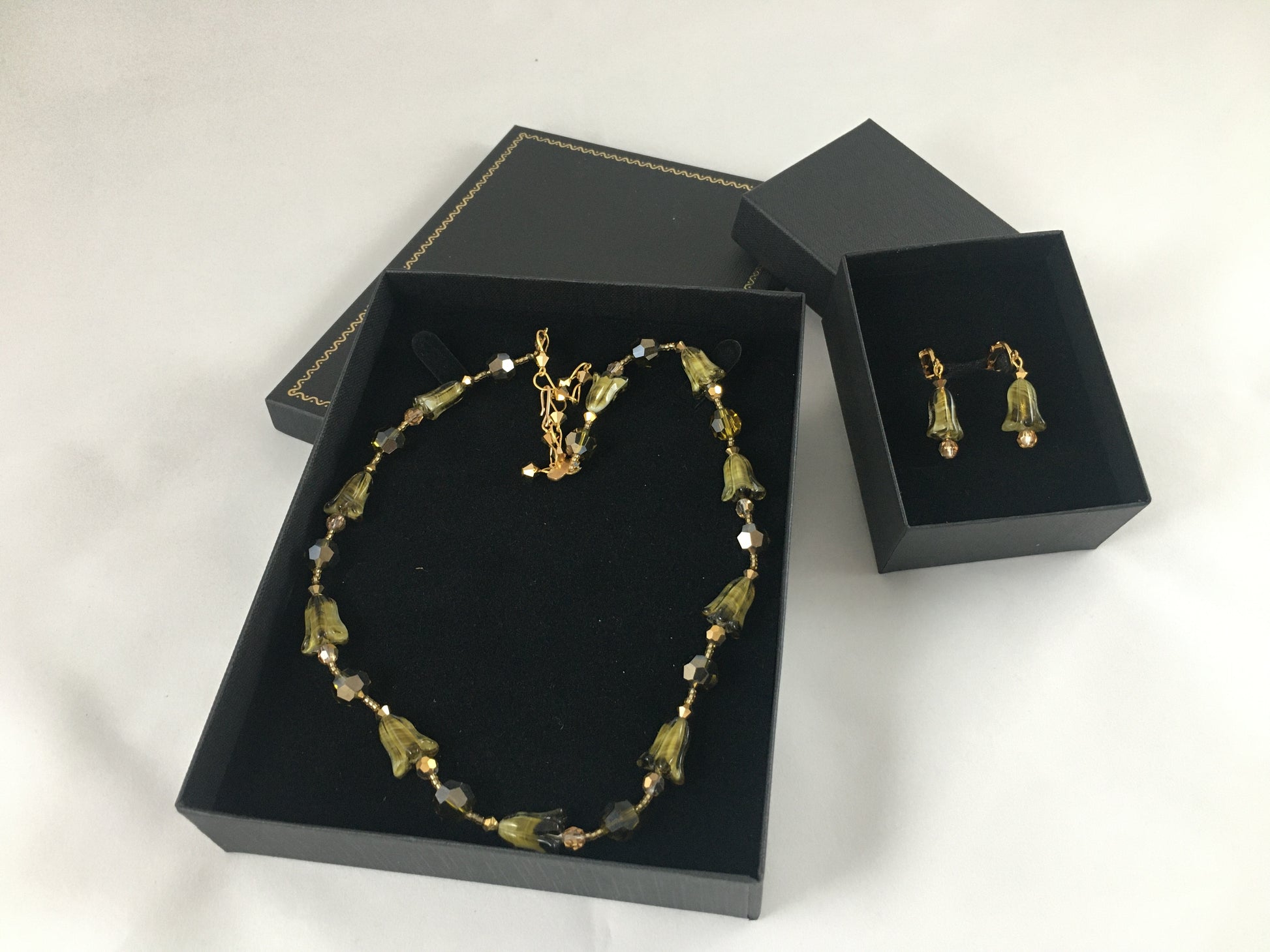 Vintage 21" Green Glass & Aurora Borealis Crystal Necklace & Earring Set - Busy Bowerbird
