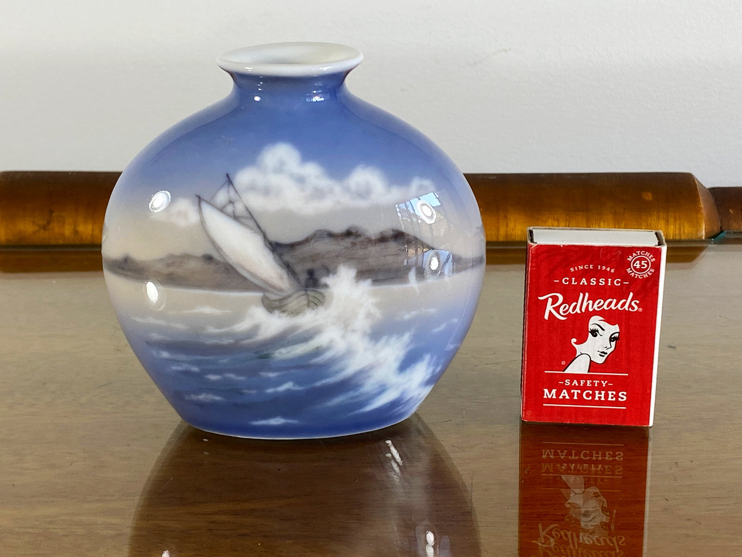 Vintage DAHL JENSEN Copenhagen Porcelain Vase with Sail Ship - Busy Bowerbird