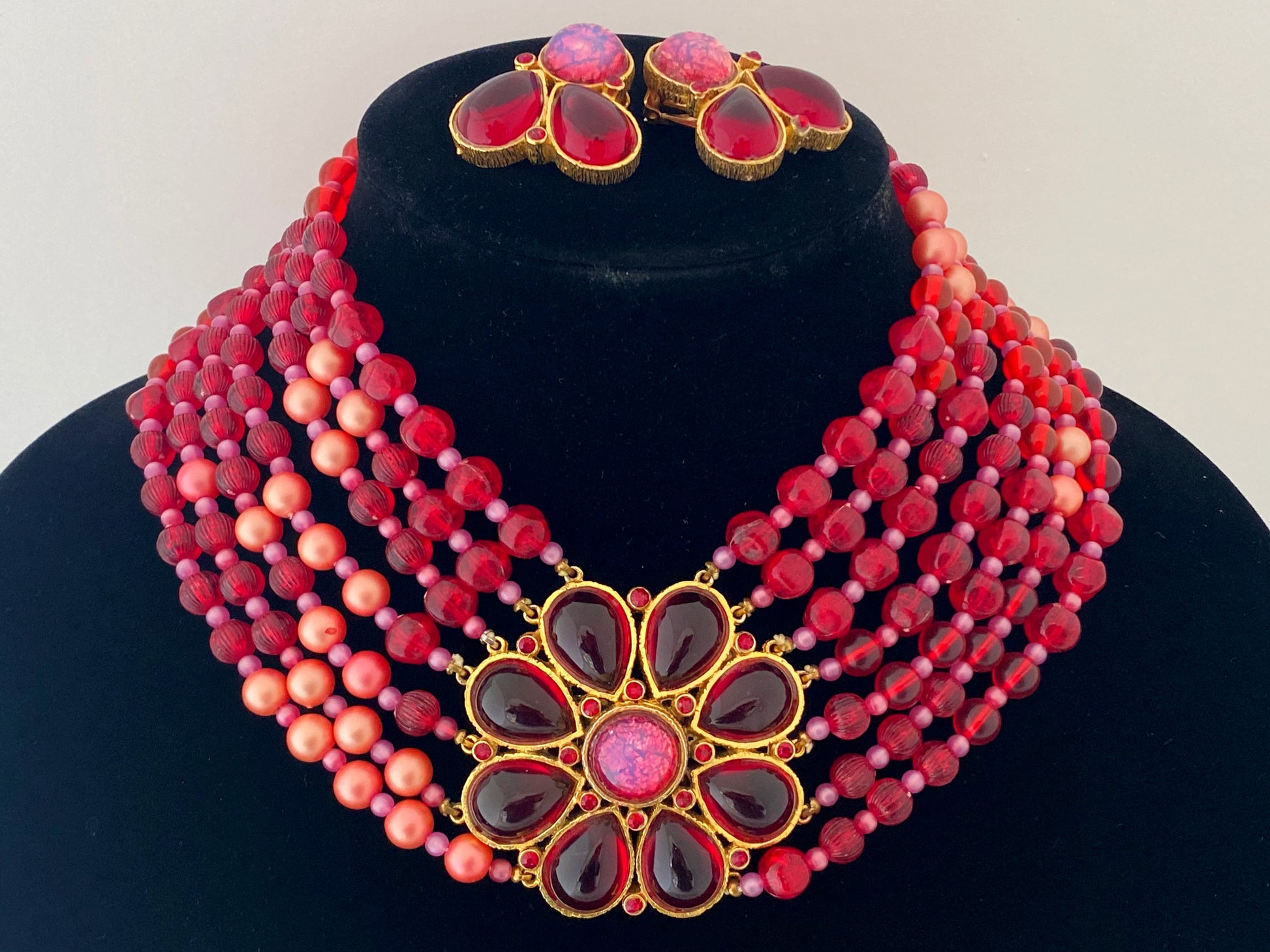 Rare 1960s Pink & Red Mimi di Niscemi for BRANIA Bead & Glass Necklace & Earring Set - Busy Bowerbird