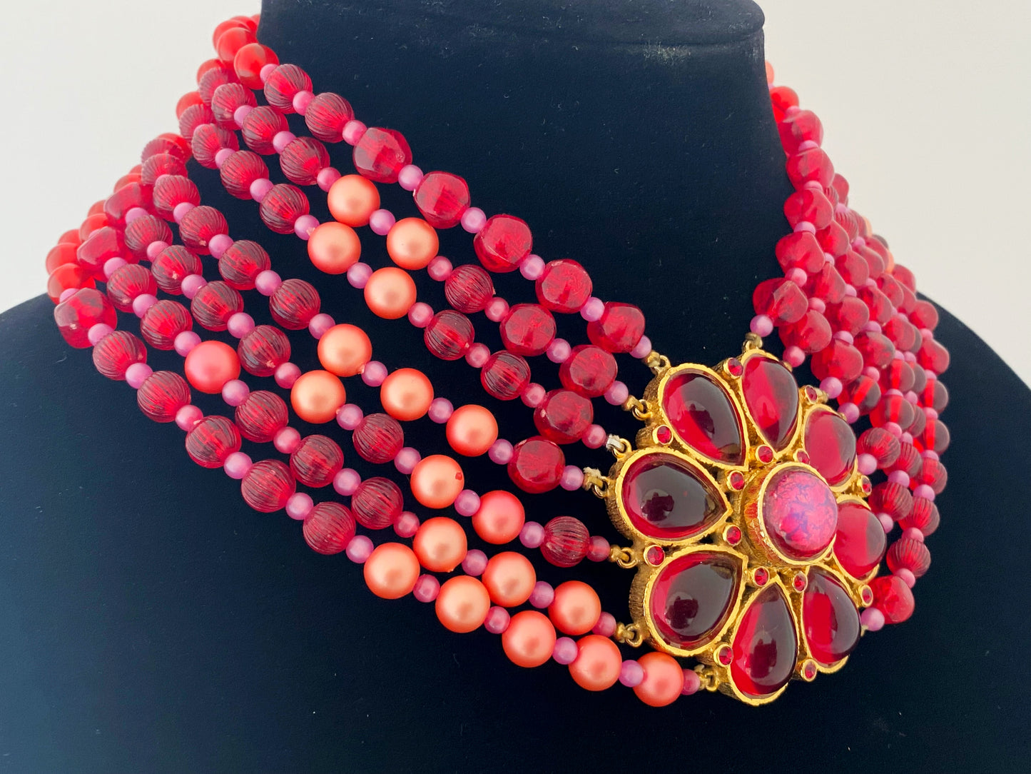 Rare 1960s Pink & Red Mimi di Niscemi for BRANIA Bead & Glass Necklace & Earring Set - Busy Bowerbird