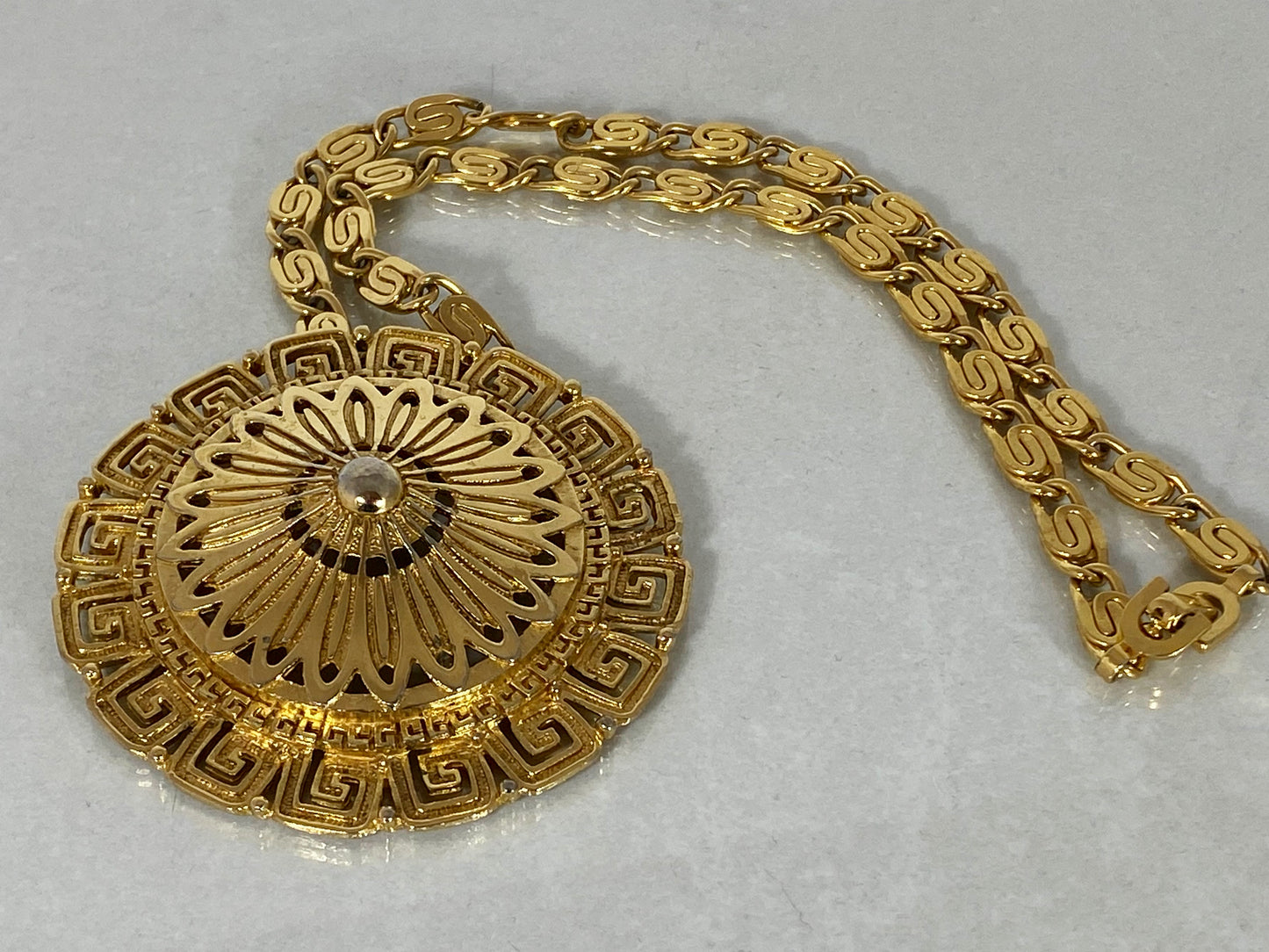 Large 1980s MONET Etruscan-Revival Greek-Key Pendant Choker Necklace - Busy Bowerbird