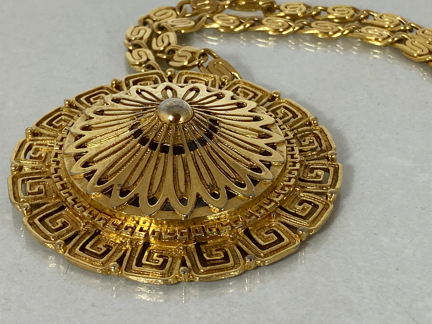 Large 1980s MONET Etruscan-Revival Greek-Key Pendant Choker Necklace - Busy Bowerbird