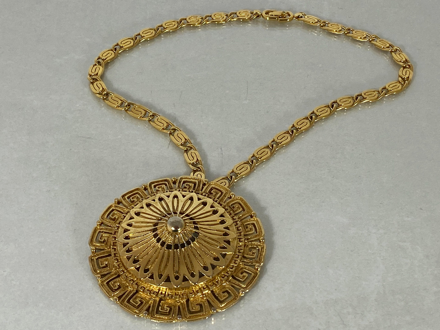 Large 1980s MONET Etruscan-Revival Greek-Key Pendant Choker Necklace - Busy Bowerbird