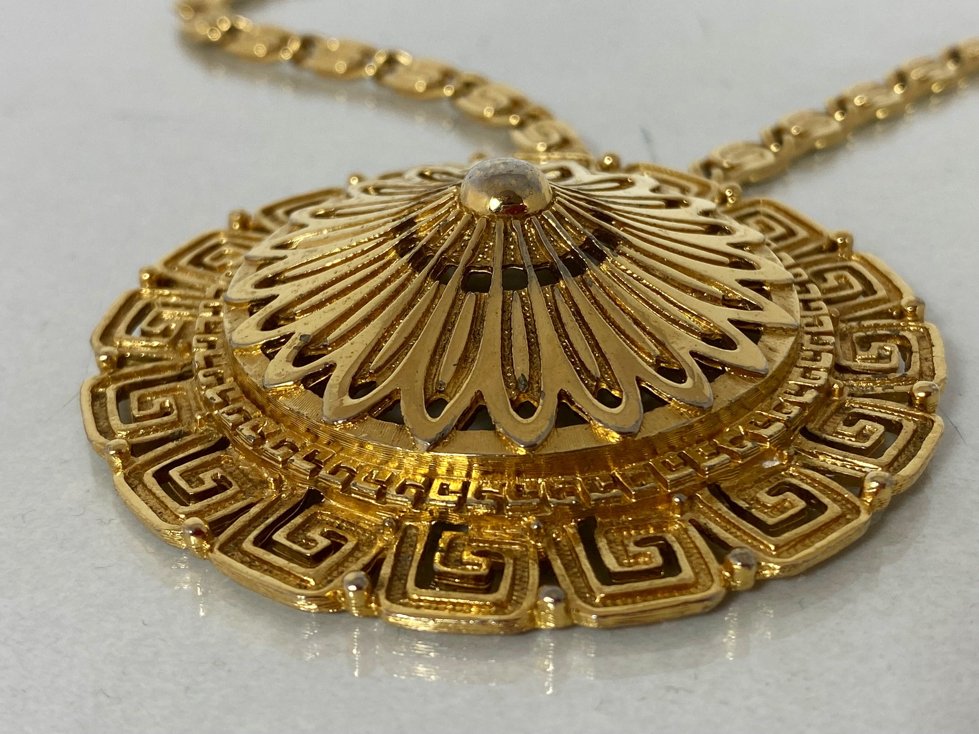 Large 1980s MONET Etruscan-Revival Greek-Key Pendant Choker Necklace - Busy Bowerbird