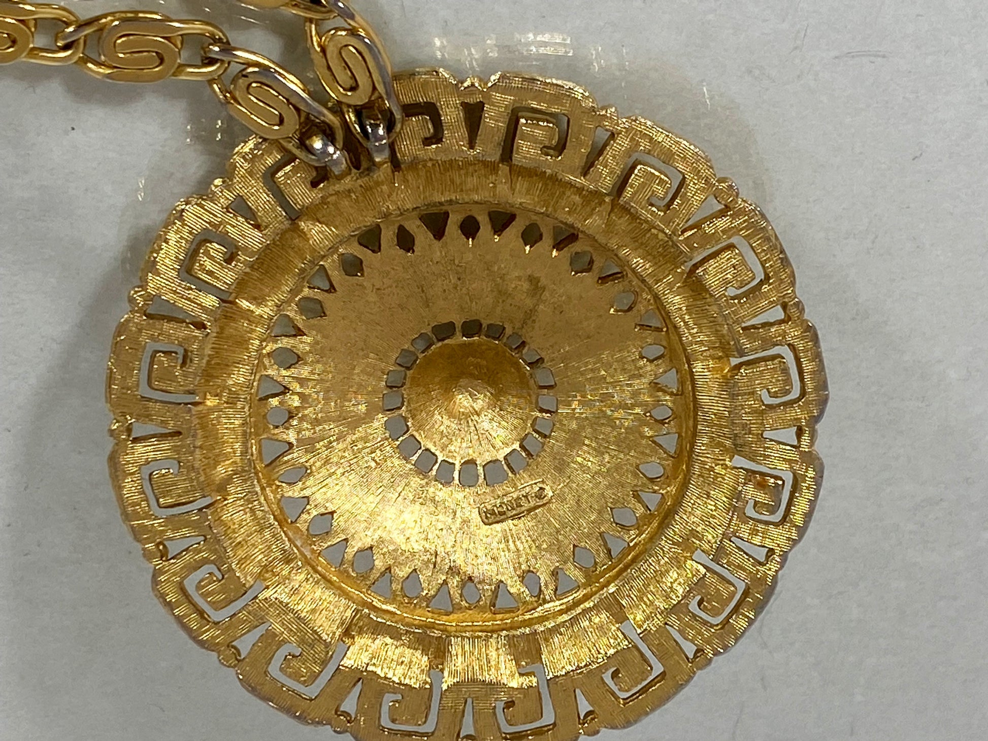 Large 1980s MONET Etruscan-Revival Greek-Key Pendant Choker Necklace - Busy Bowerbird