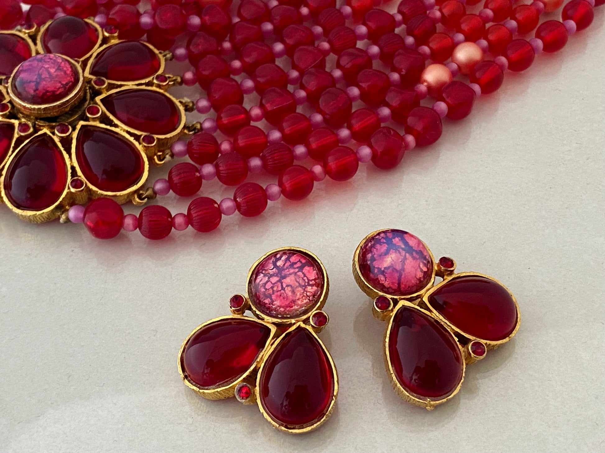 Rare 1960s Pink & Red Mimi di Niscemi for BRANIA Bead & Glass Necklace & Earring Set - Busy Bowerbird