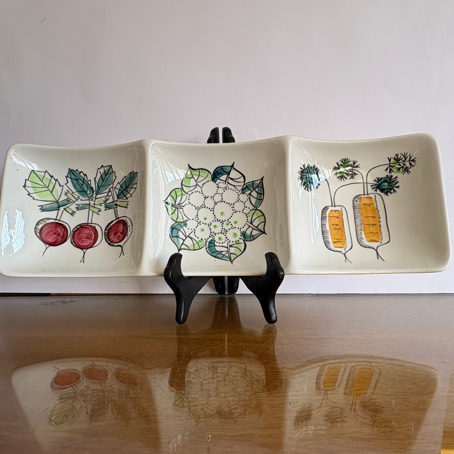 Marianne Westman My Garden triple-section serving dish Rörstrand Sweden, top view showing root vegetable illustrations