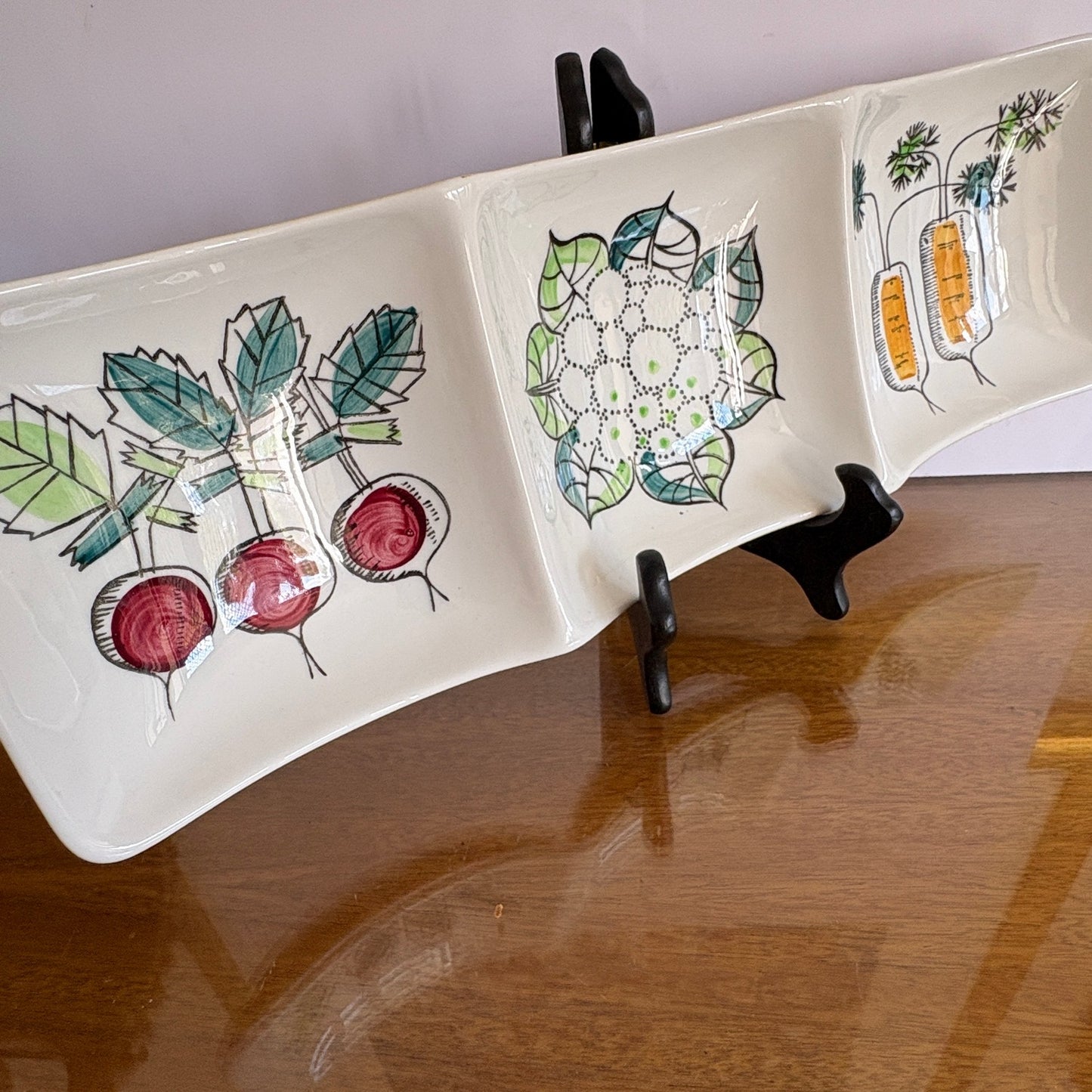 Marianne Westman My Garden triple-section serving dish Rörstrand Sweden, top view showing root vegetable illustrations
