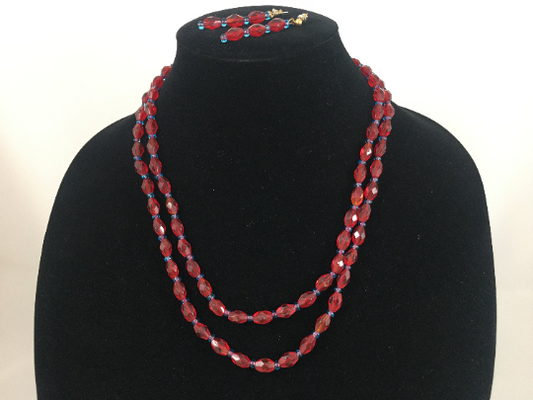 Vintage 21" Double-Strand Red and Blue Crystal Necklace & Earring Set - Busy Bowerbird
