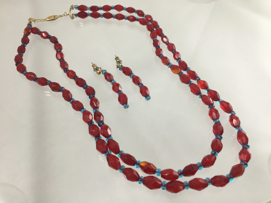 Vintage 21" Double-Strand Red and Blue Crystal Necklace & Earring Set - Busy Bowerbird