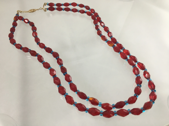 Vintage 21" Double-Strand Red and Blue Crystal Necklace & Earring Set - Busy Bowerbird