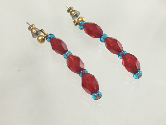 Vintage 21" Double-Strand Red and Blue Crystal Necklace & Earring Set - Busy Bowerbird