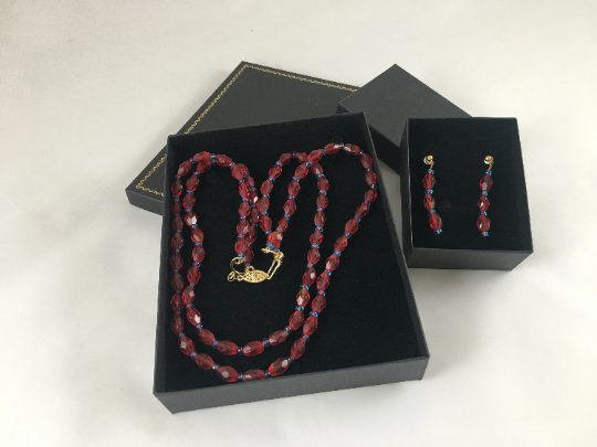 Vintage 21" Double-Strand Red and Blue Crystal Necklace & Earring Set - Busy Bowerbird