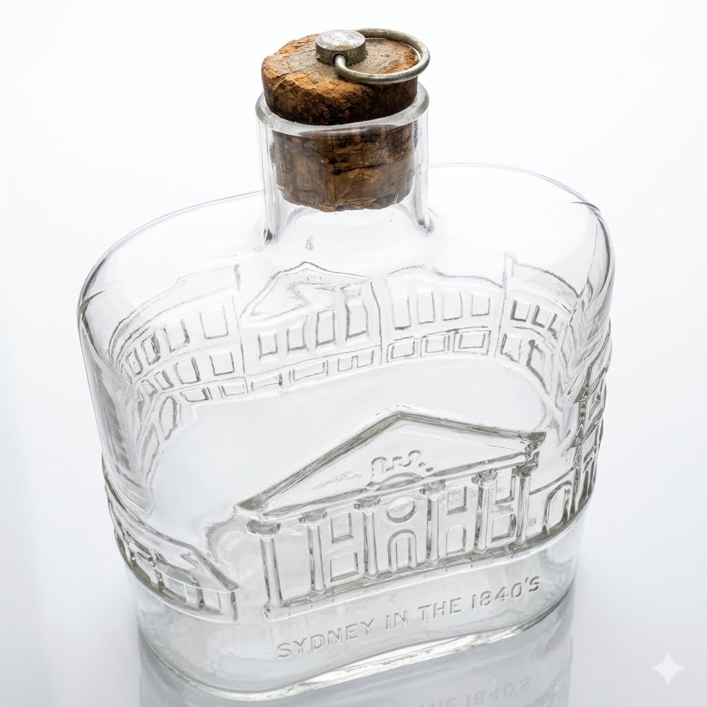 Three-quarter view of Nuutajärvi Notsjö decanter showing architectural embossed band and cork stopper